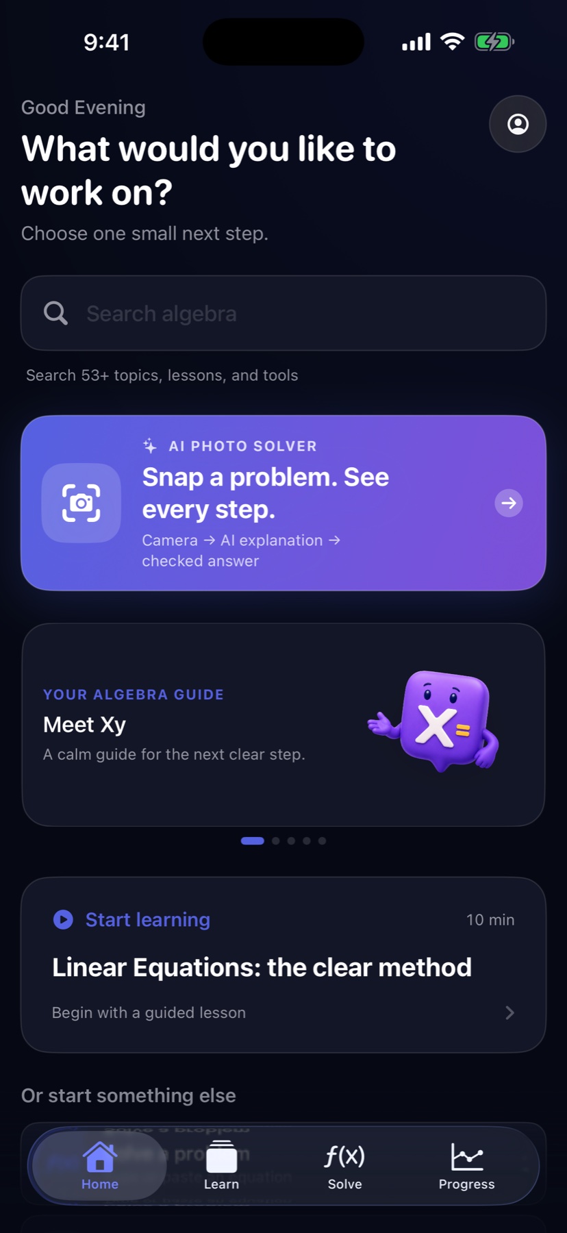 Algebra Buddy home screen with AI Photo Solver, learning path, and progress navigation