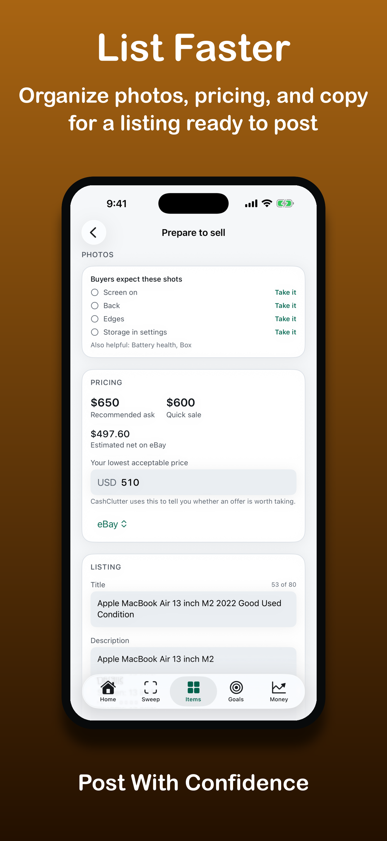 List Faster with prepared photos, pricing, and listing copy