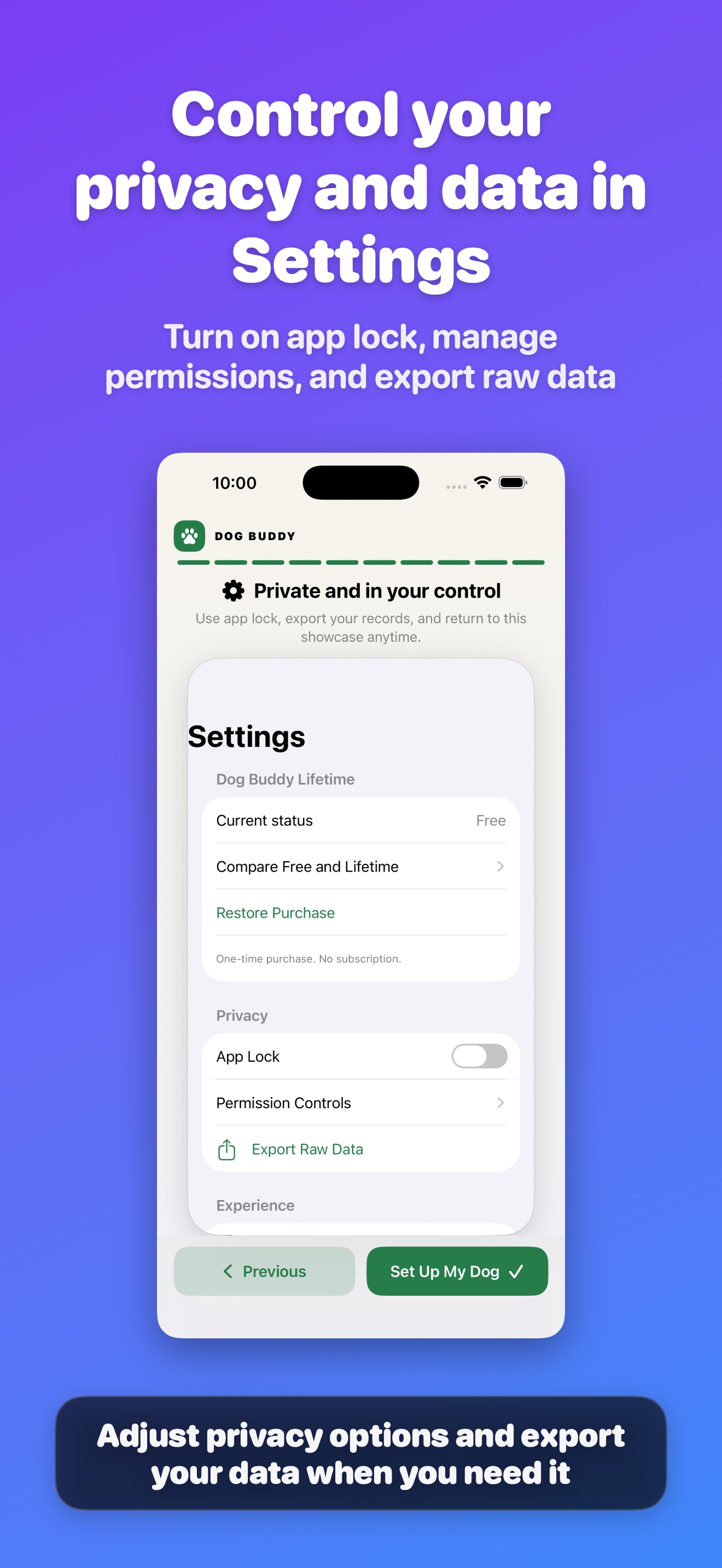 Dog Buddy settings with privacy, permissions, and data export controls