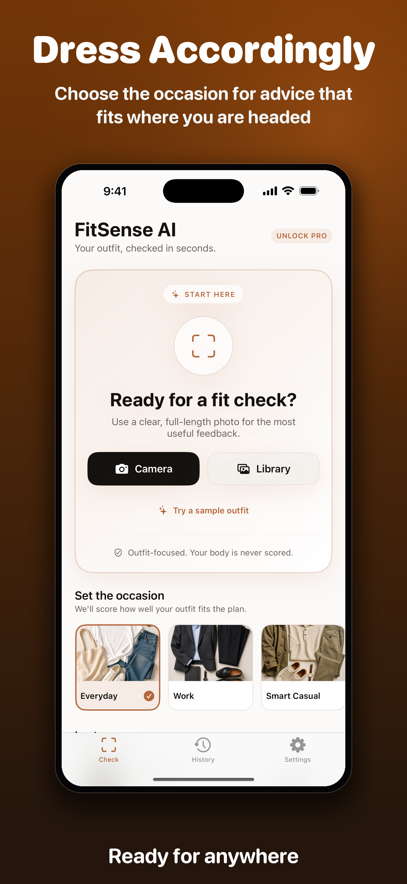FitCheck occasion selection screen
