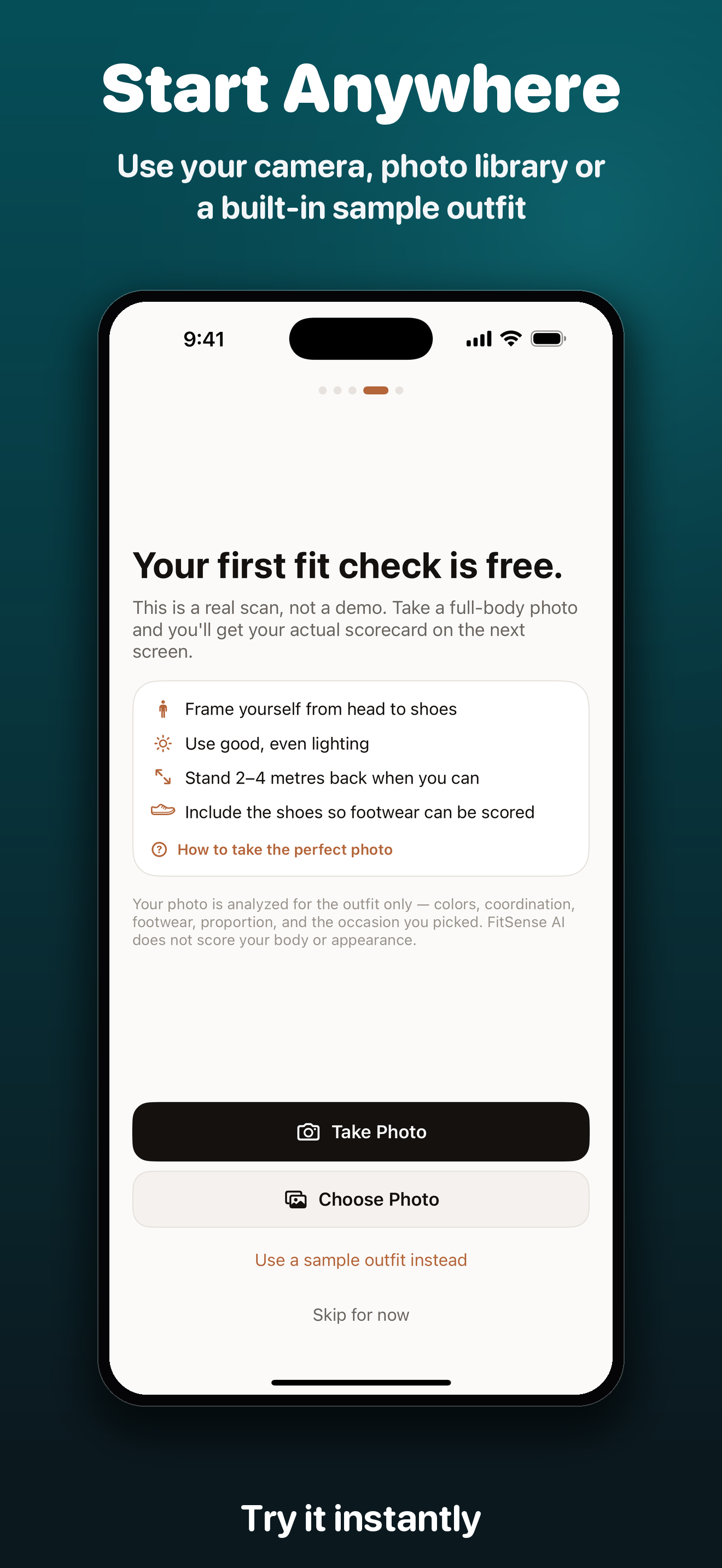 FitCheck camera photo library and sample outfit options