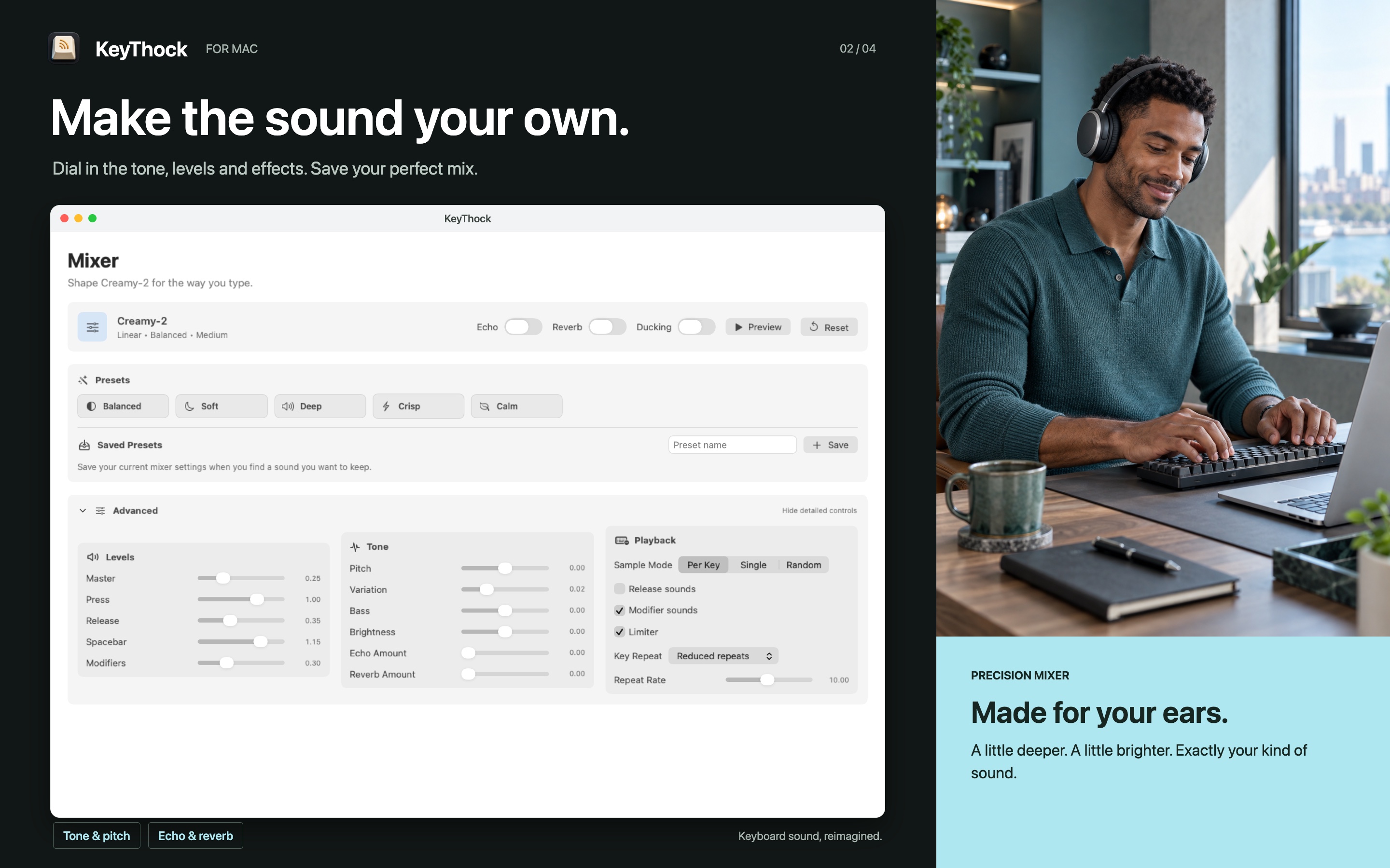 KeyThock precision mixer with presets, tone controls, and playback settings