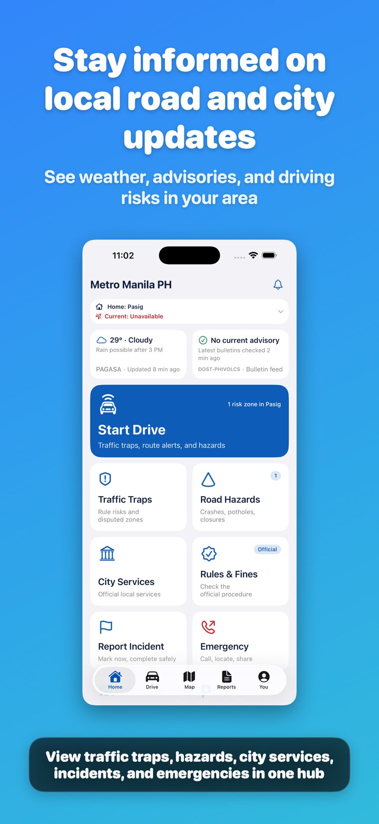 Metro Manila PH home hub with traffic traps, hazards, city services, and emergency features