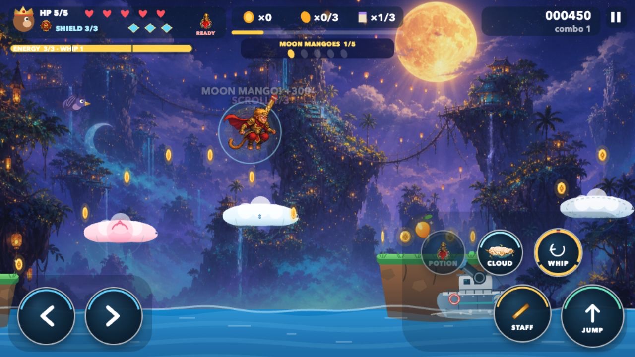 Monkey King moonlit gameplay with cloud platforms, coins, and mission objectives