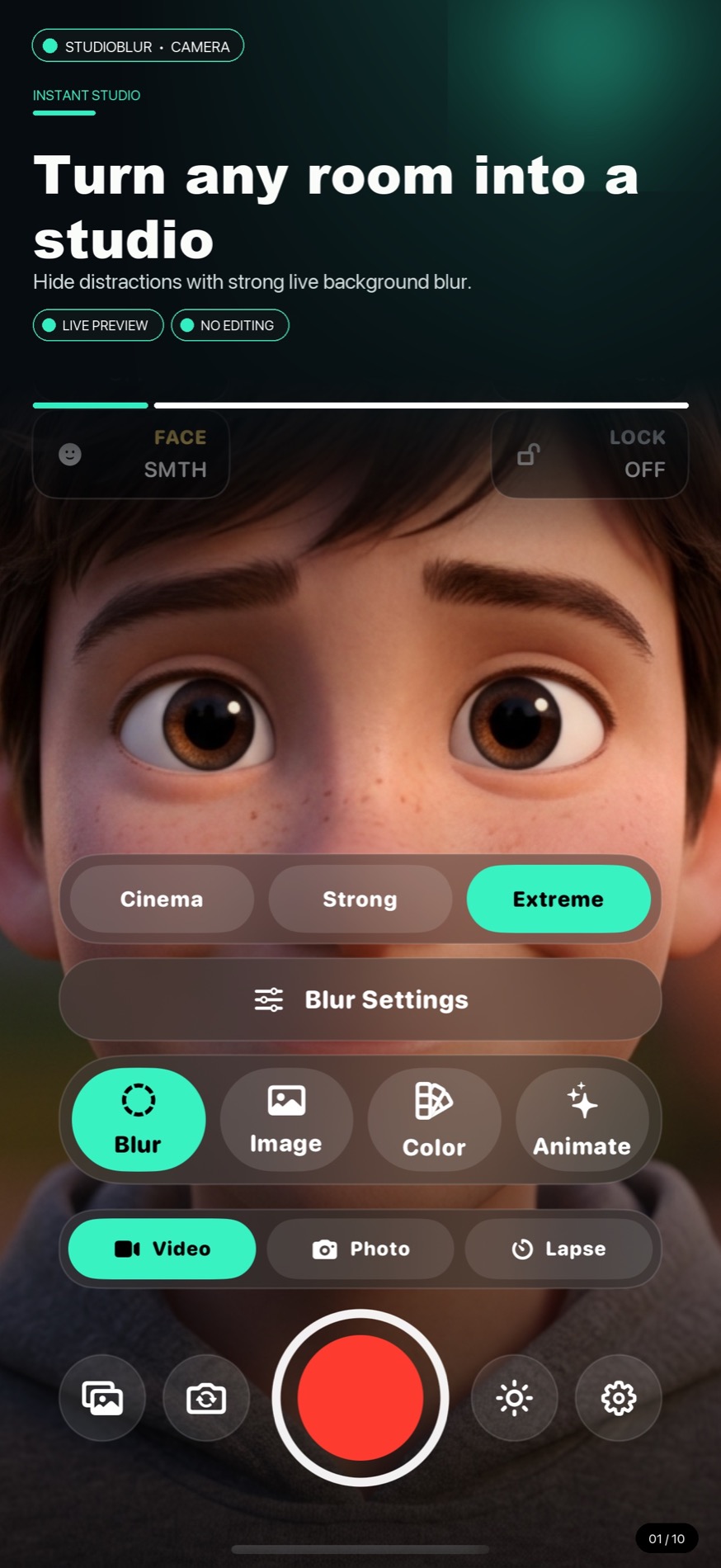 StudioBlur live camera with Cinema, Strong, and Extreme blur controls