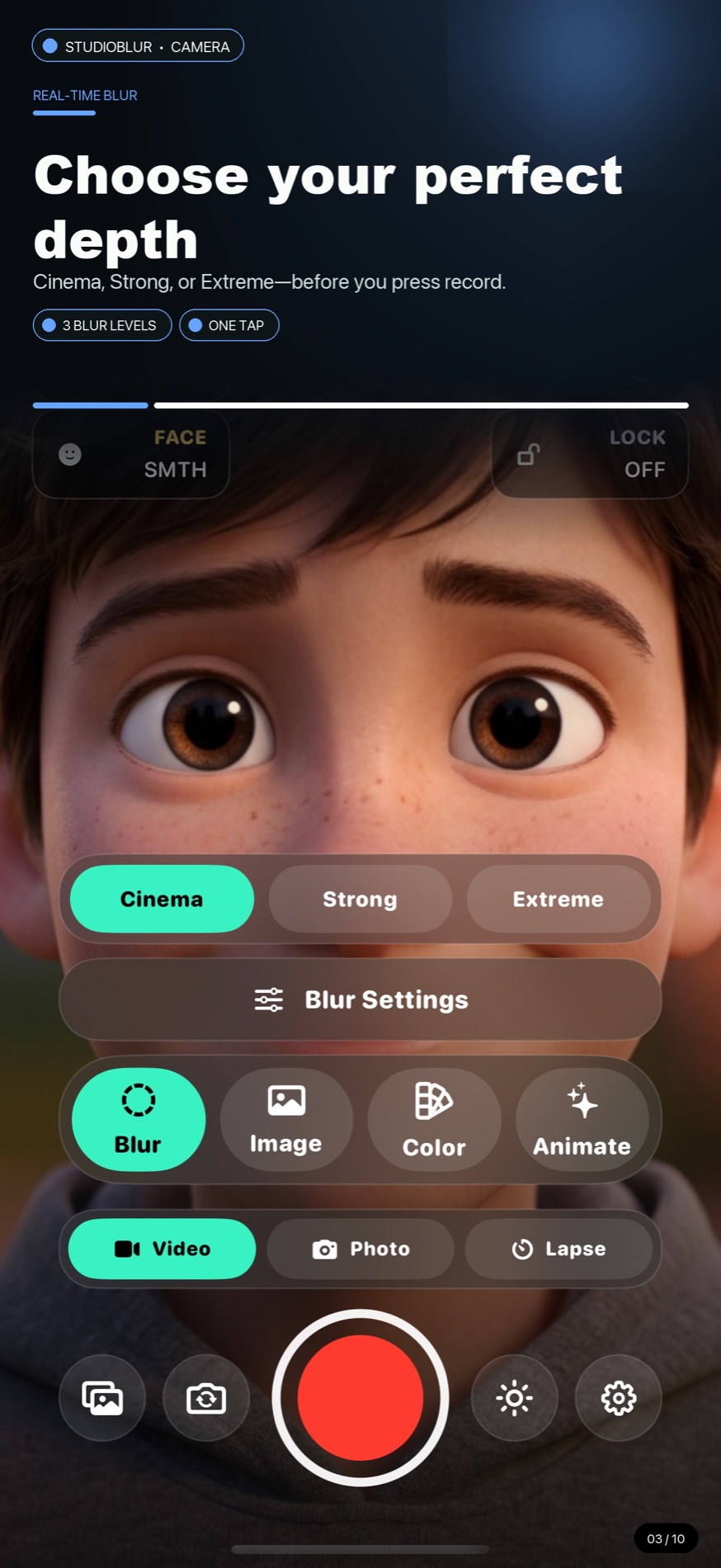 StudioBlur Cinema, Strong, and Extreme blur depth choices
