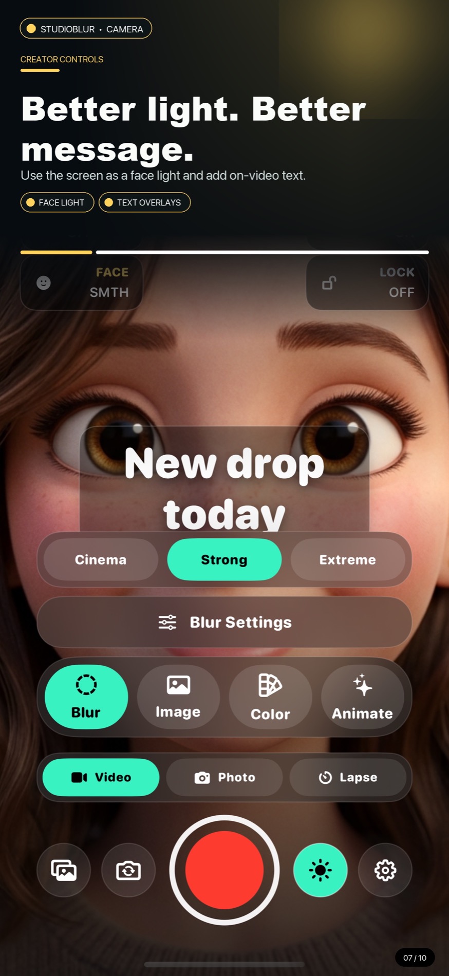 StudioBlur face light and on-video text controls
