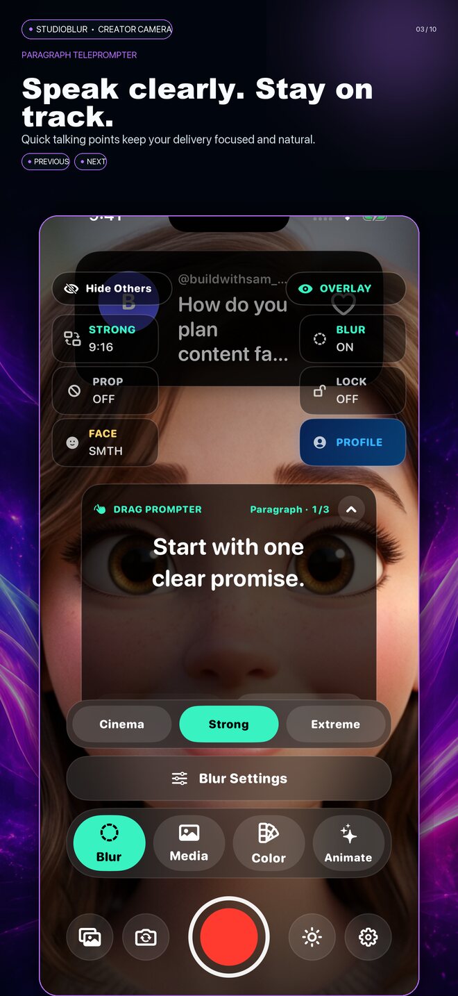 StudioBlur paragraph teleprompter feature