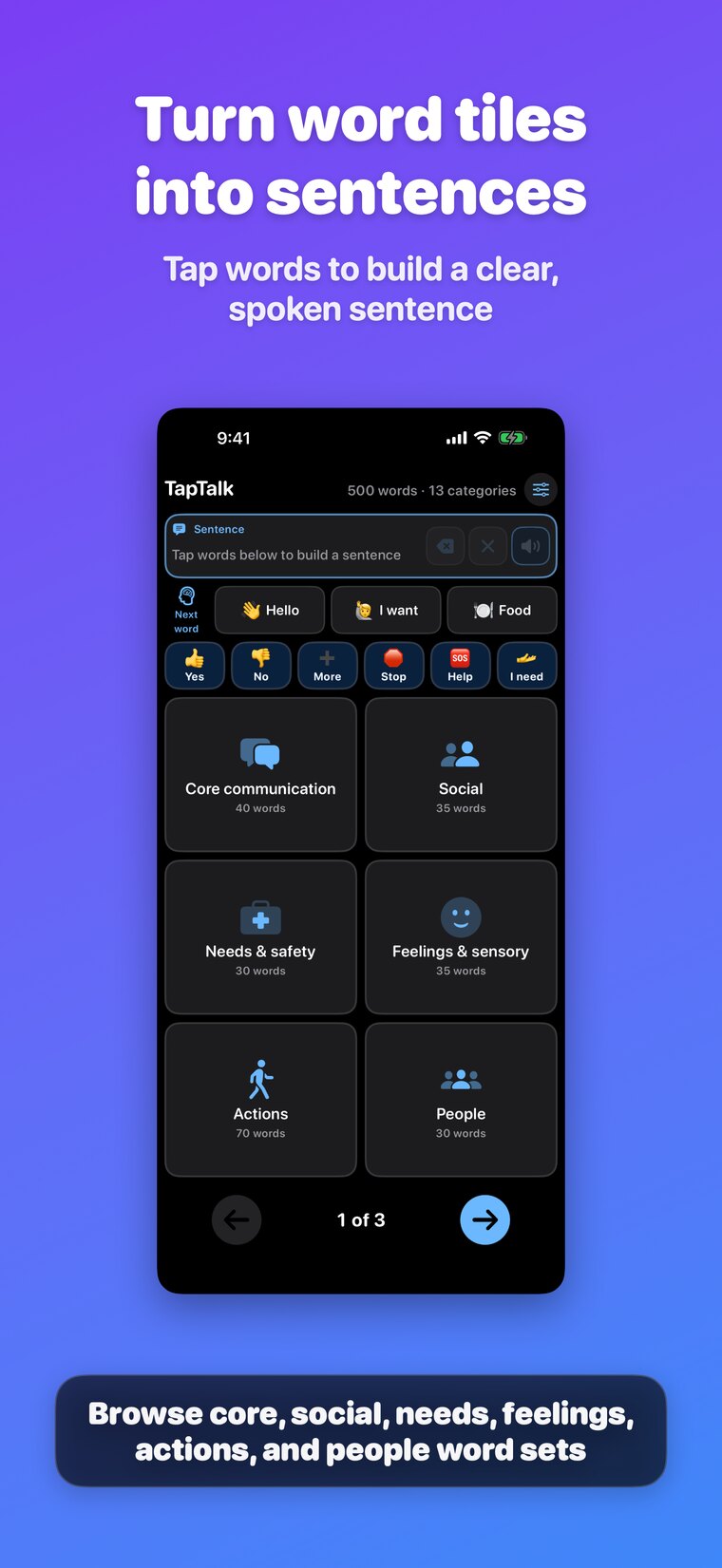 TapTalk category board with word tiles